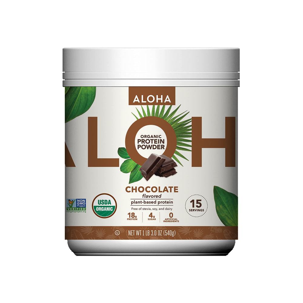 ALOHA Organic Protein Powder chocolate tin front showing recyclable packaging and 18g protein per serving.