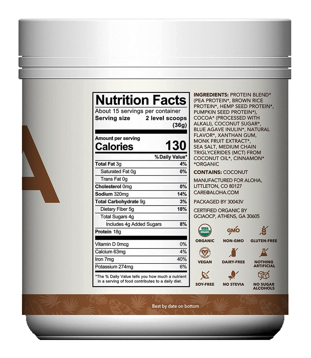 ALOHA protein powder packaging featuring recyclable lid and eco-friendly design.