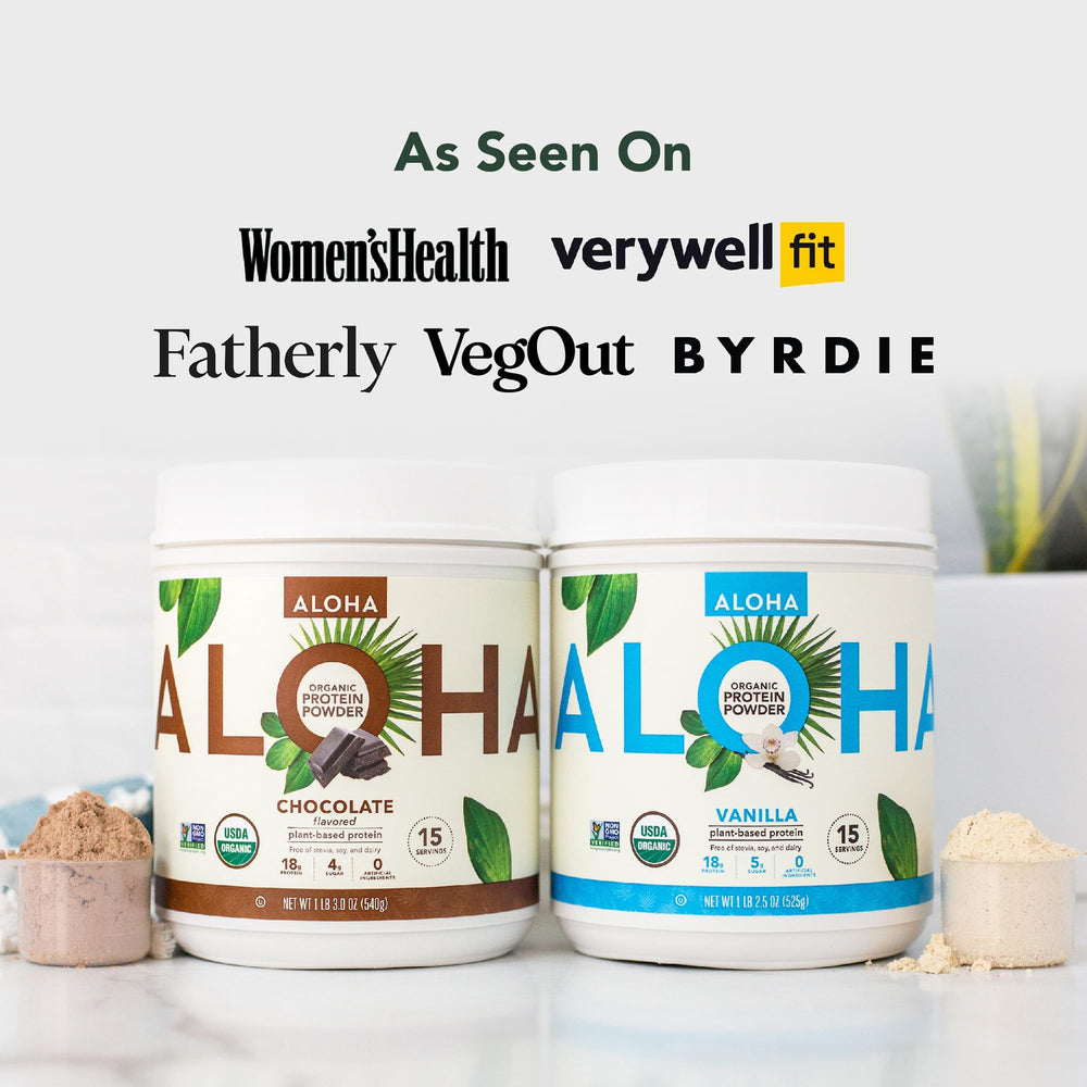 ALOHA protein powder scoop resting in tin for quick vegan shakes.