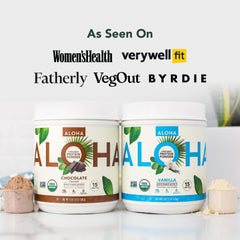 ALOHA protein powder scoop resting in tin for quick vegan shakes.