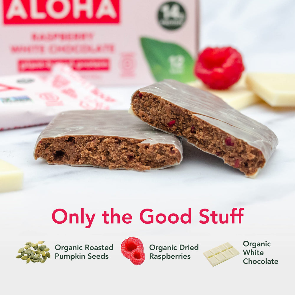 ALOHA Raspberry White Chocolate box on shelf signals a healthy vegan snack.