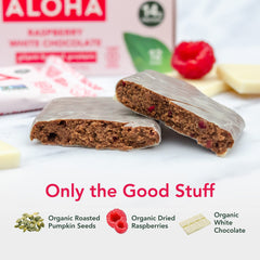 ALOHA Raspberry White Chocolate box on shelf signals a healthy vegan snack.