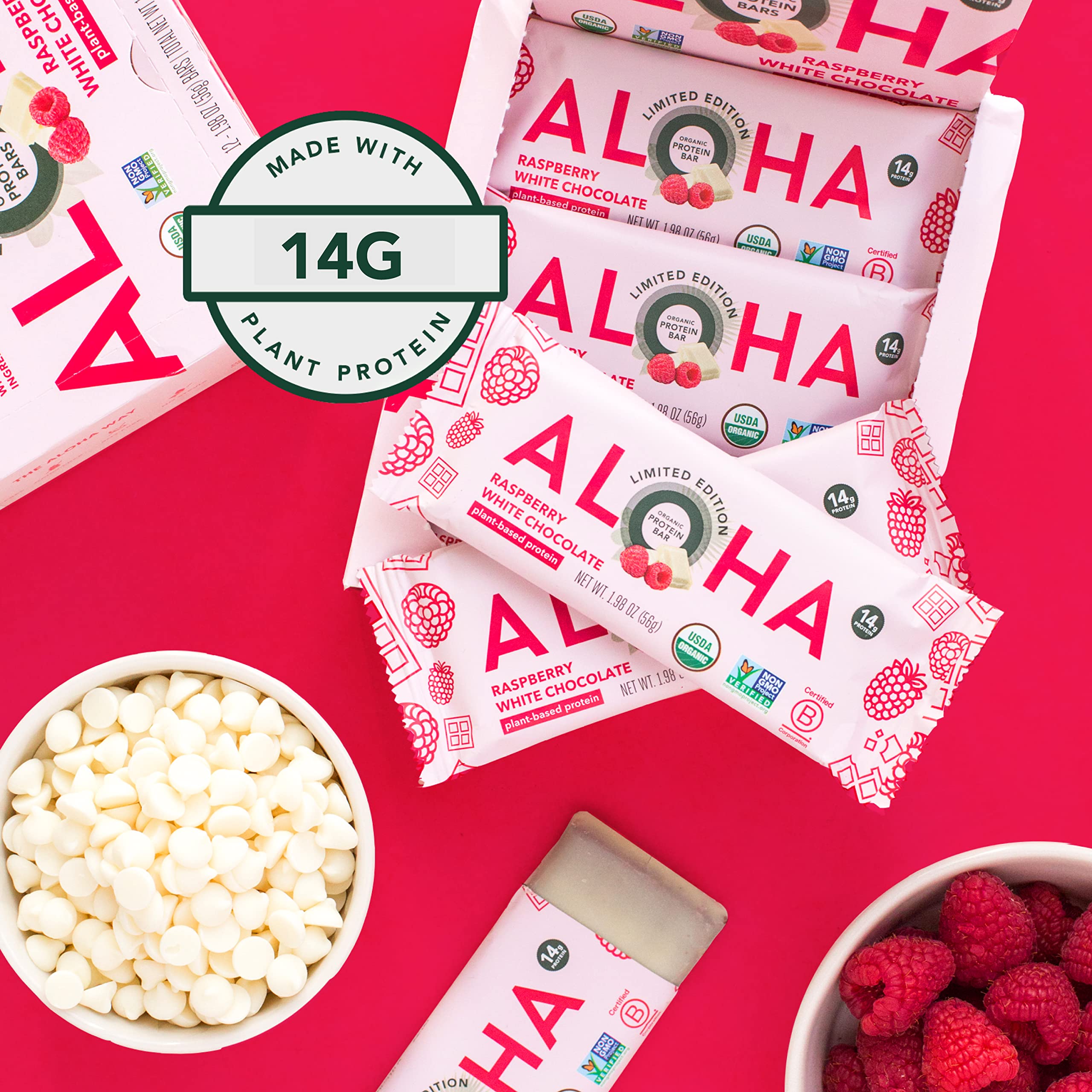 ALOHA Raspberry White Chocolate nutrition panel highlights protein and fiber per bar.