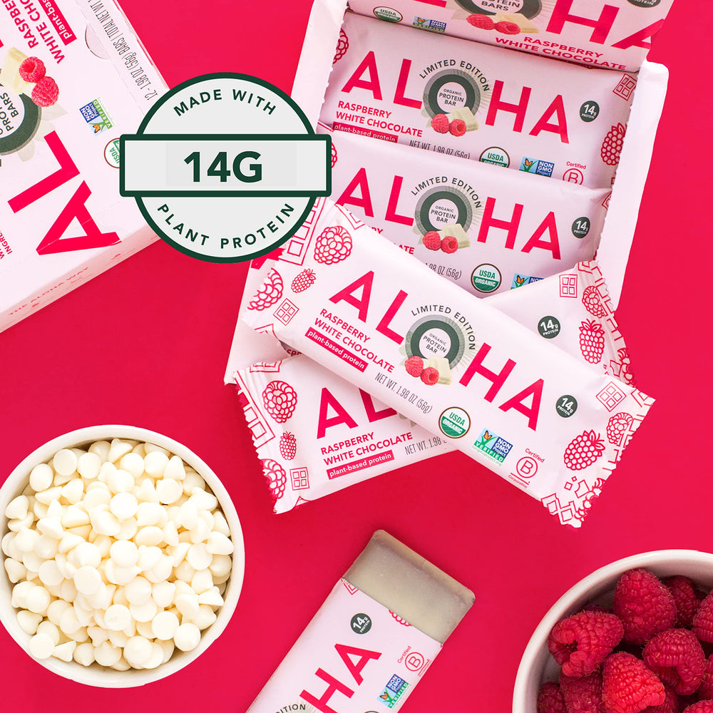 ALOHA Raspberry White Chocolate nutrition panel highlights protein and fiber per bar.