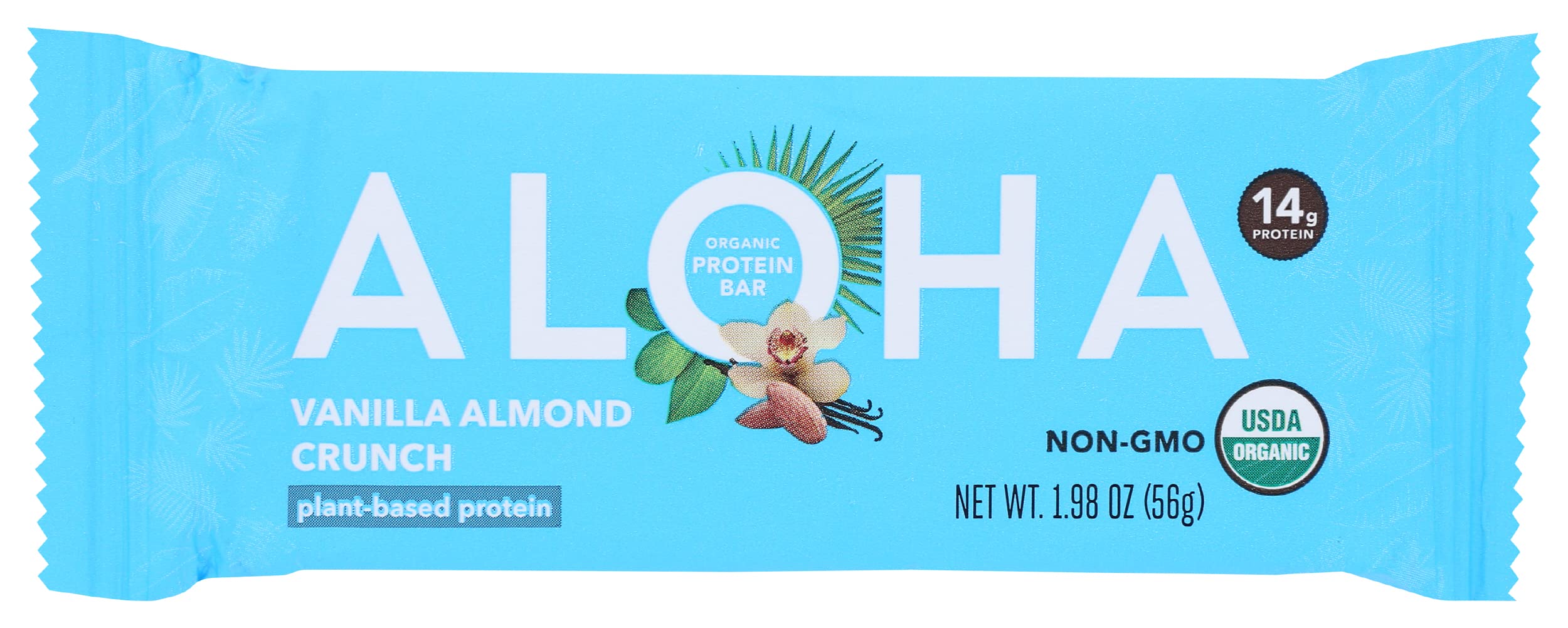 ALOHA Vanilla Almond Crunch bar pack on shelf, convenient protein snack for on-the-go.