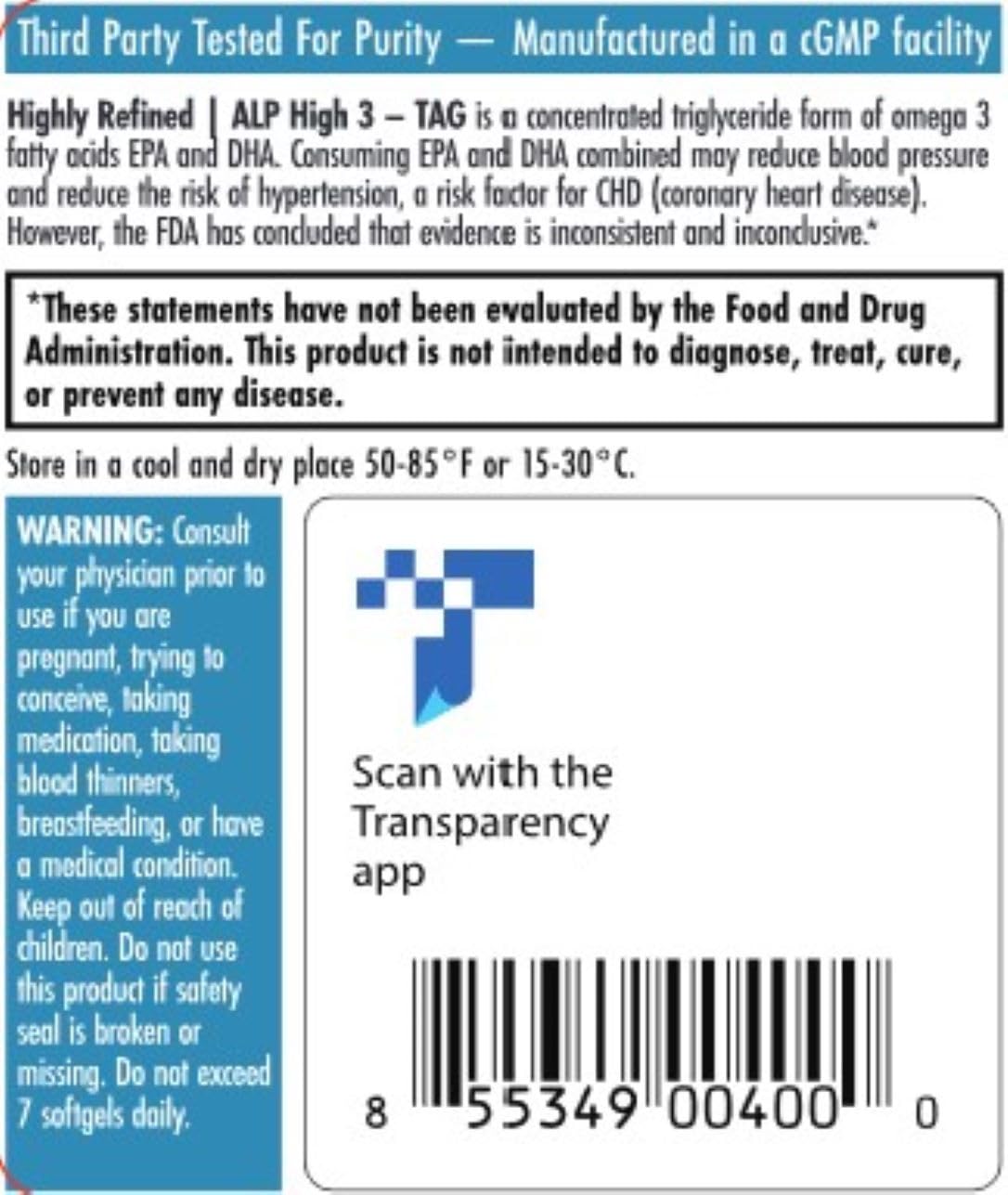 Nutrition facts panel on ALP High-3 TAG bottle