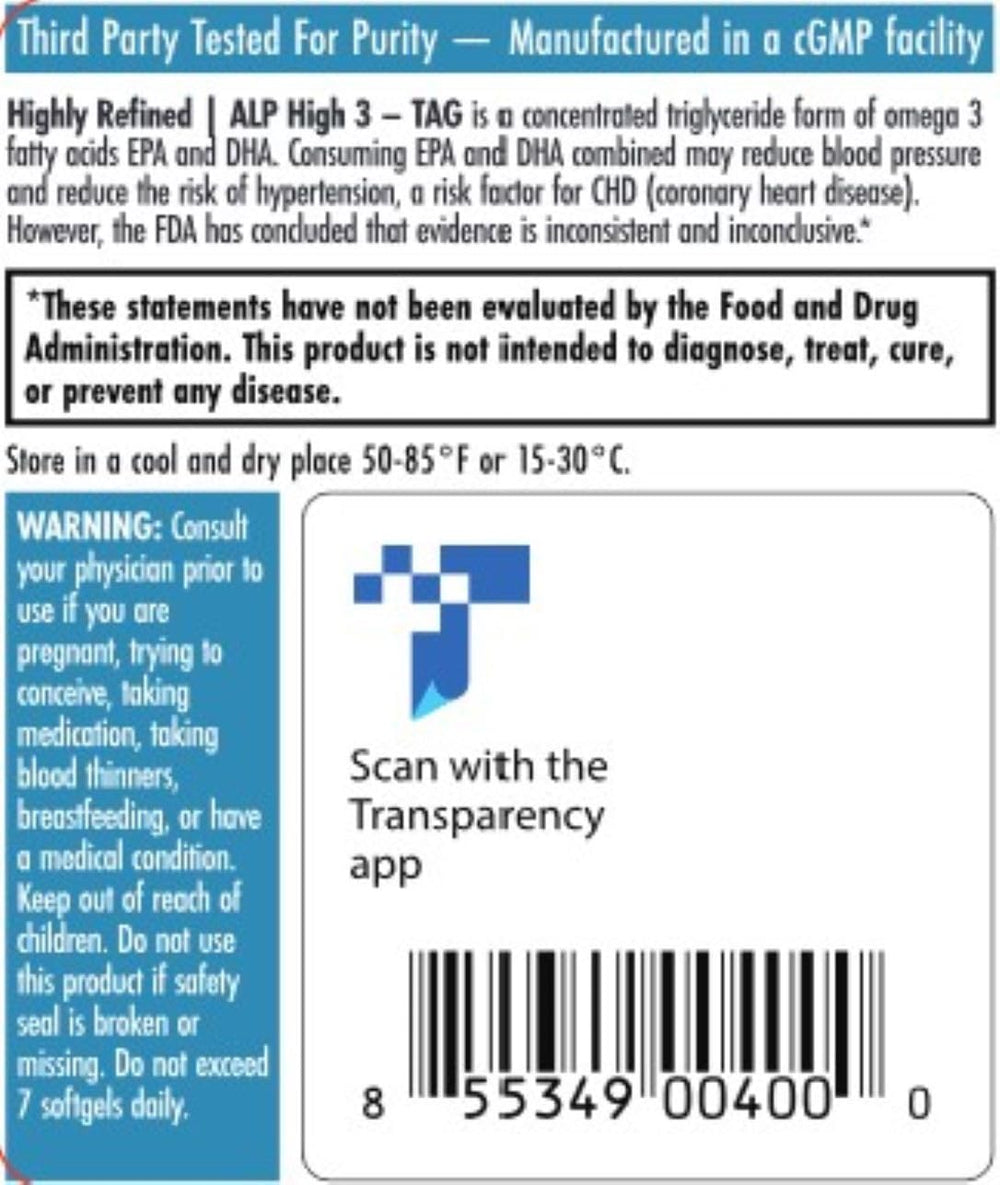 Nutrition facts panel on ALP High-3 TAG bottle