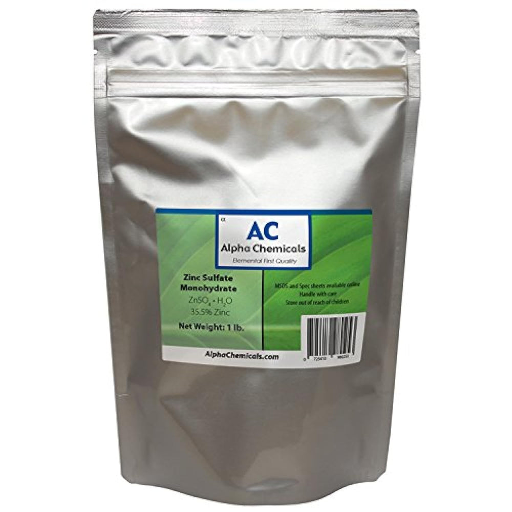 Alpha Chemicals zinc sulfate monohydrate bottle for agricultural zinc supplementation and water treatment.