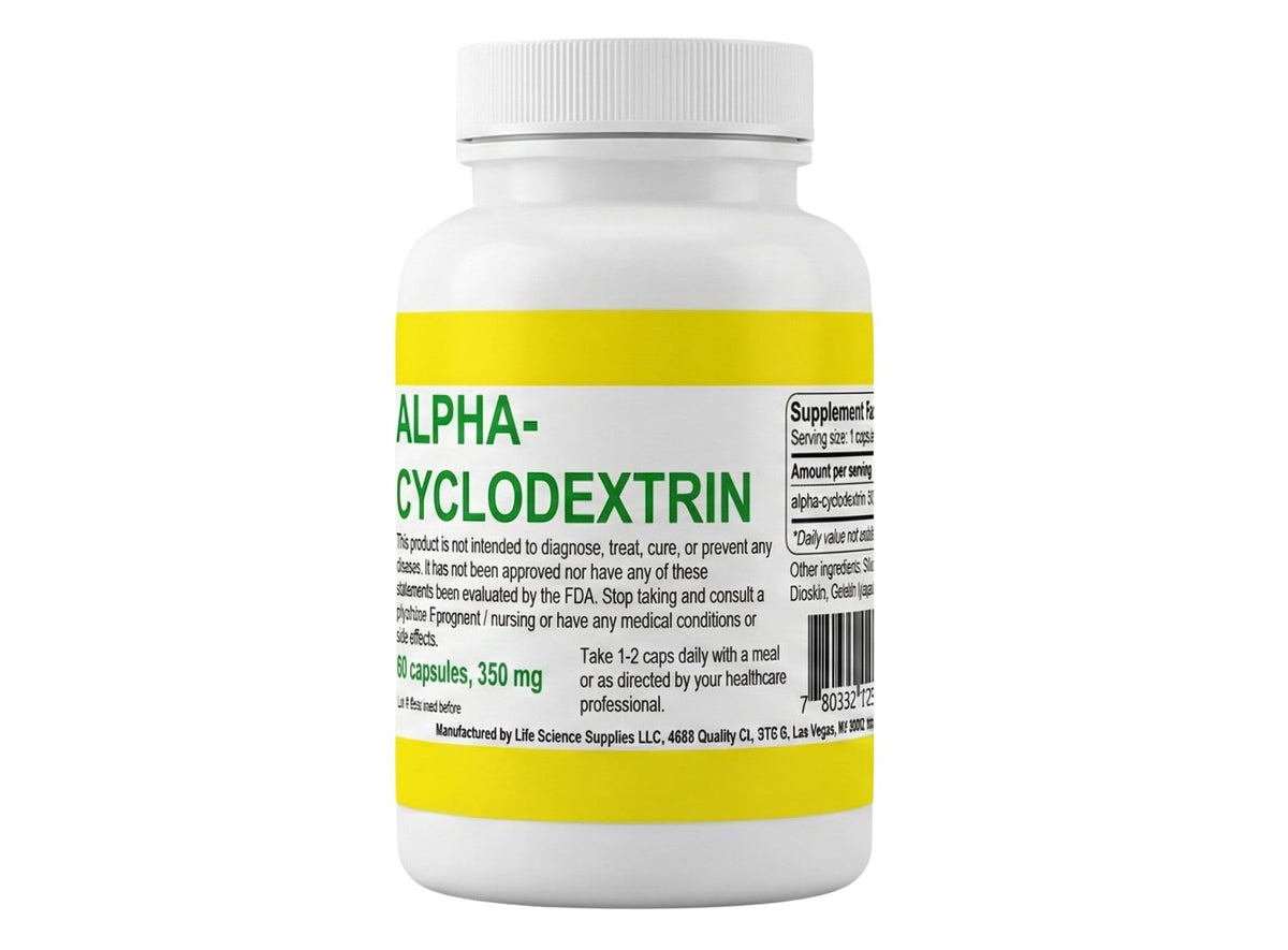 Alpha Cyclodextrin Capsules bottle front with discreet daily supplement use.