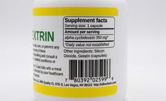 Alpha Cyclodextrin Capsules bottle label close-up showing ingredients and dosage.
