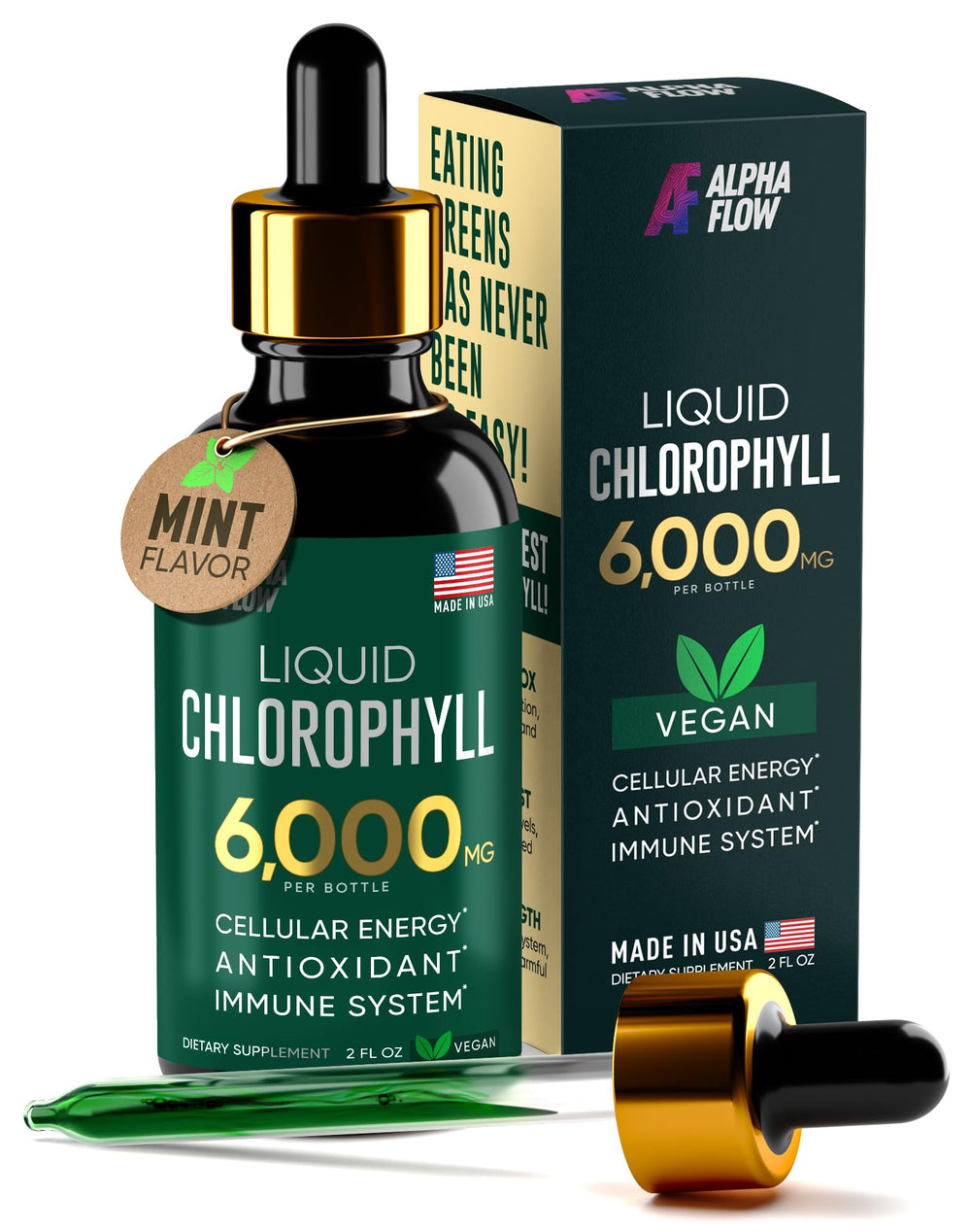 Alpha Flow Chlorophyll Drops bottle for daily greens and antioxidant support.