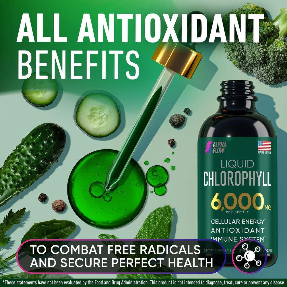 Dropper of Alpha Flow Chlorophyll Drops enabling direct or diluted use.