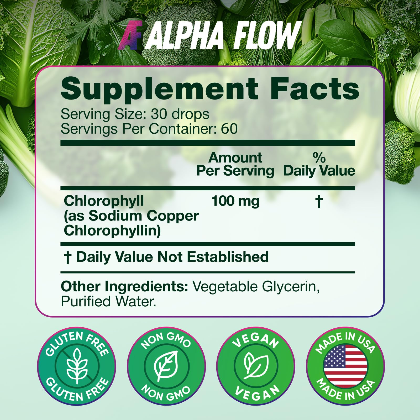 Glass with Alpha Flow Chlorophyll Drops ready to drink for digestion support.