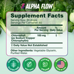 Glass with Alpha Flow Chlorophyll Drops ready to drink for digestion support.