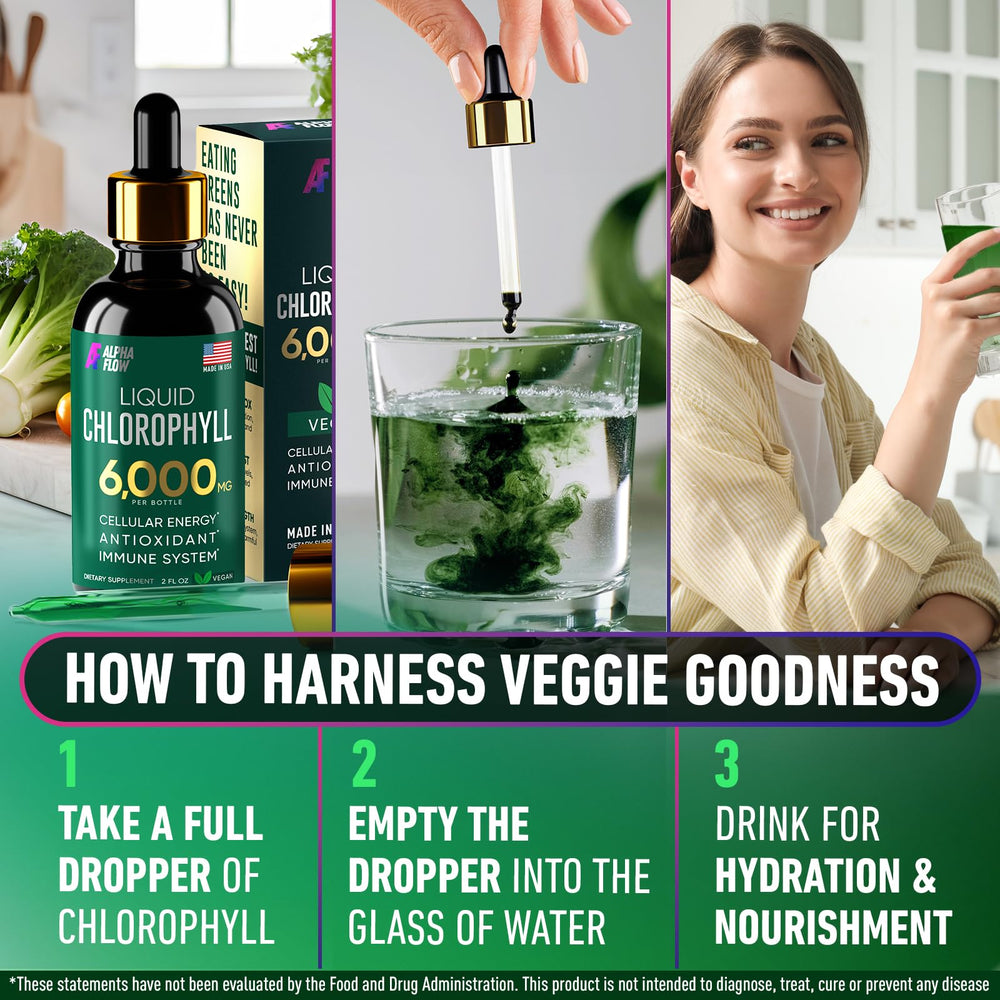Alpha Flow Chlorophyll Drops on a store shelf emphasizing natural, vegan formula.