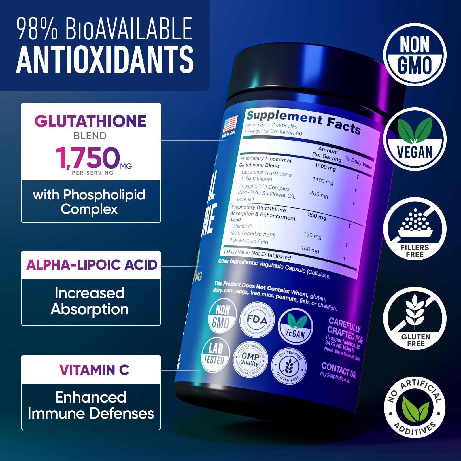 Close-up of Alpha Flow glutathione capsules highlighting Vitamin C enrichment for immune support.