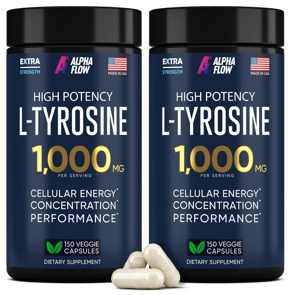 Alpha Flow L-Tyrosine 1000mg capsules bottle front view for clarity and focus.