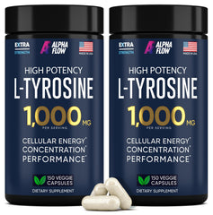 Alpha Flow L-Tyrosine 1000mg capsules bottle front view for clarity and focus.