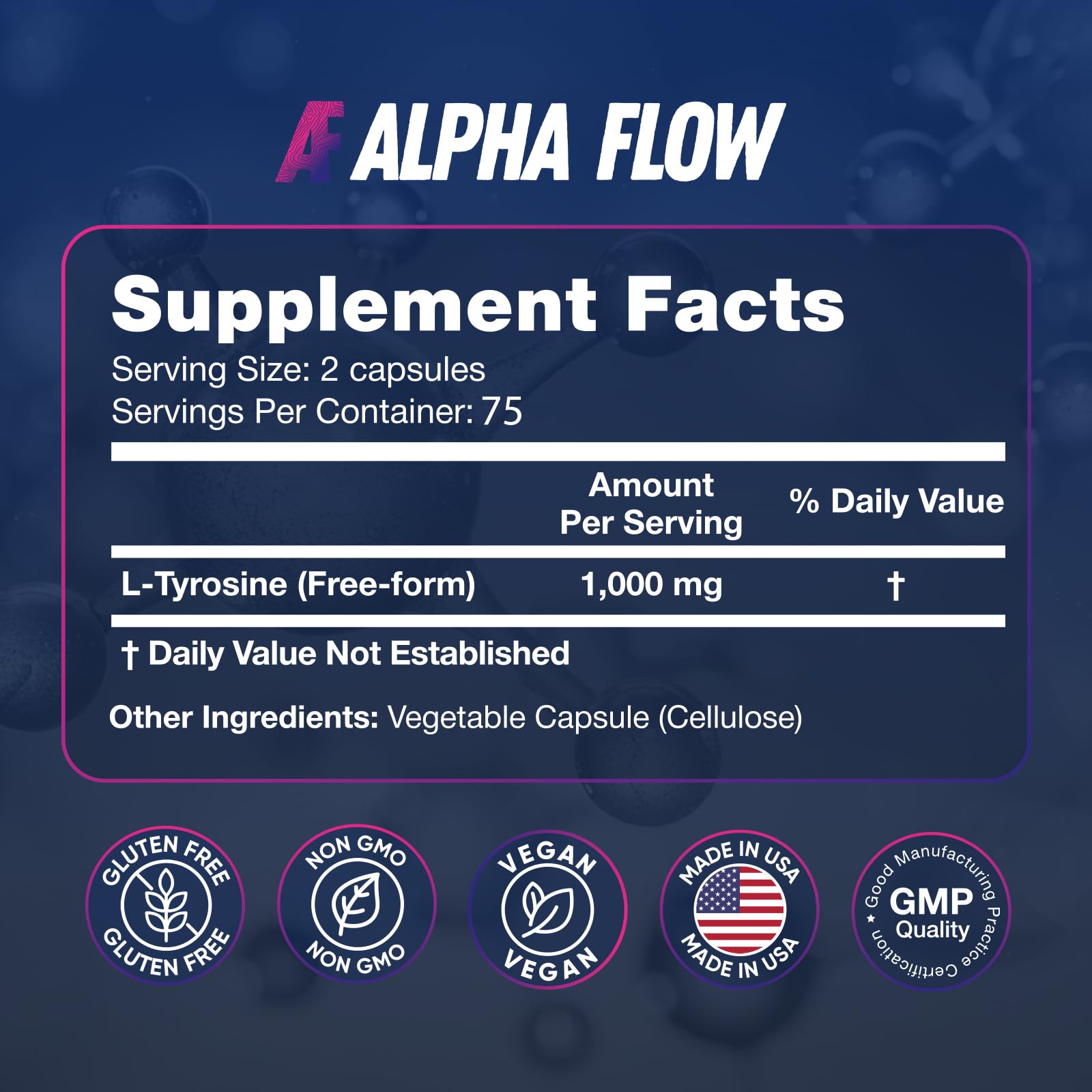 Alpha Flow L-Tyrosine 1000mg capsules suitable for kids and adults in daily routine.