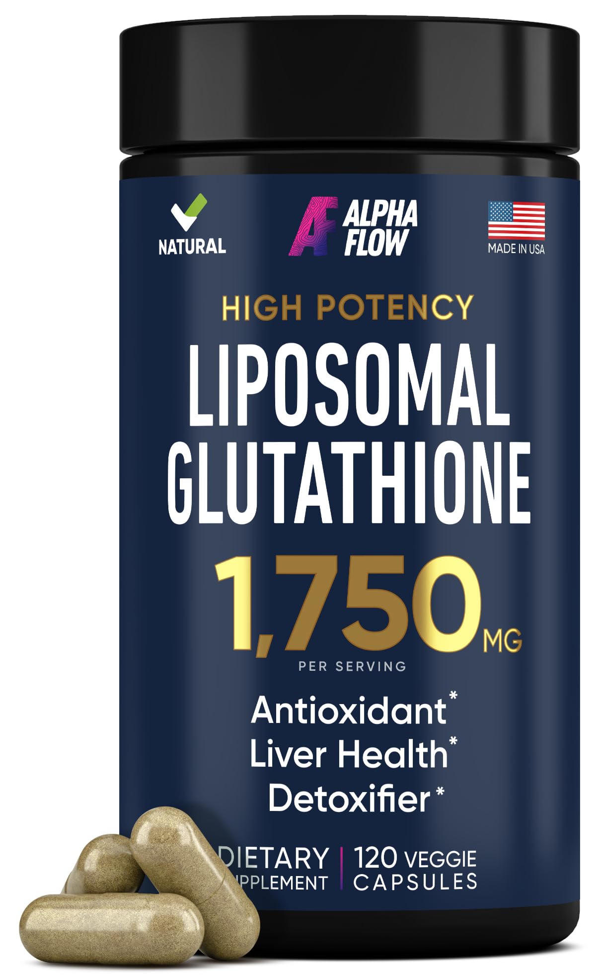 Alpha Flow liposomal glutathione bottle with capsules for liver detox support.
