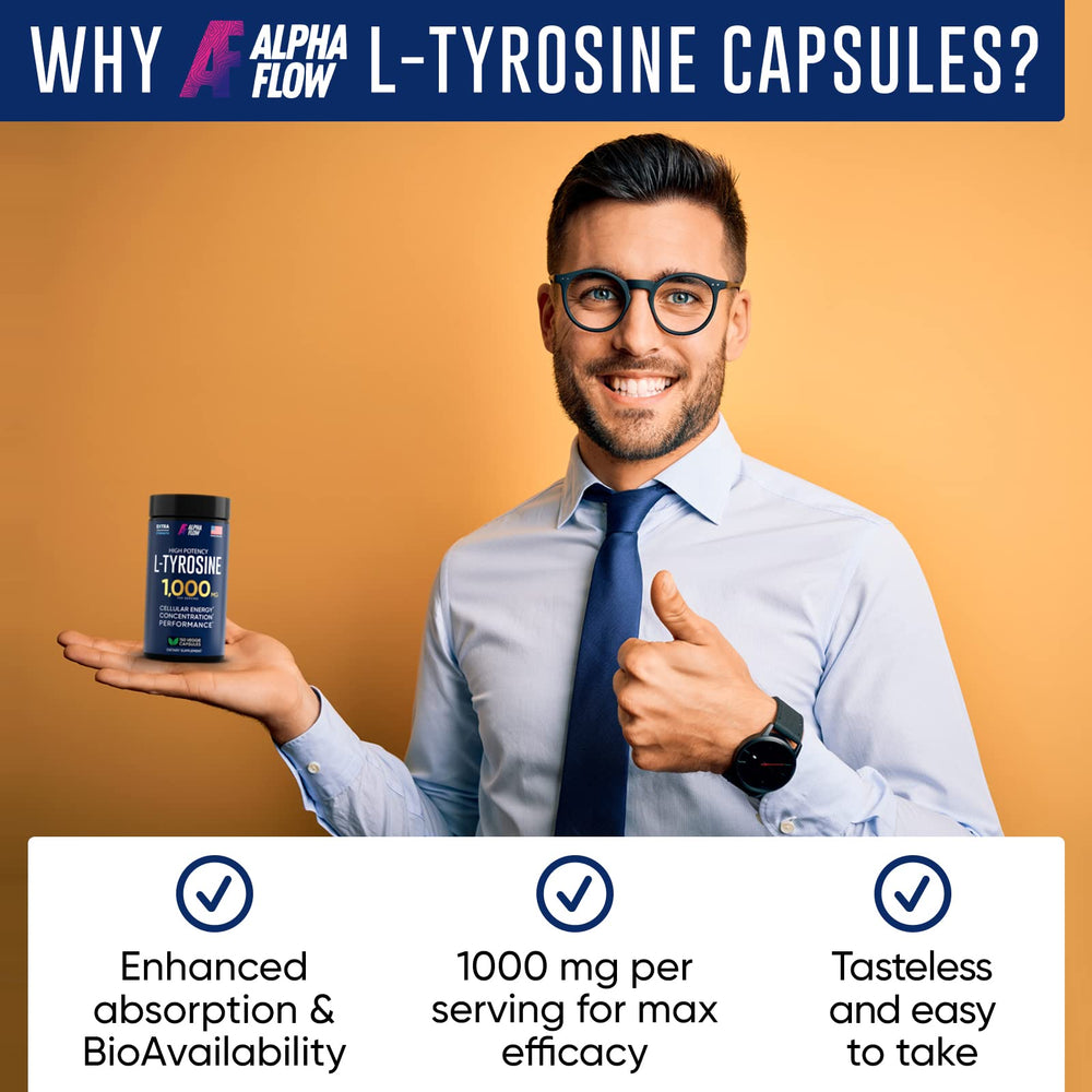 Lifestyle shot of Alpha Flow Tyrosine branding illustrating focus and study use.