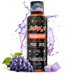 ALPHA LION Burn2O bottle being poured, caffeine-free energy option.
