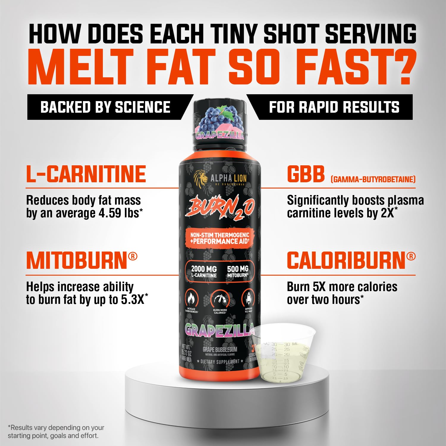 Front label of ALPHA LION Burn2O highlighting metabolism support features.