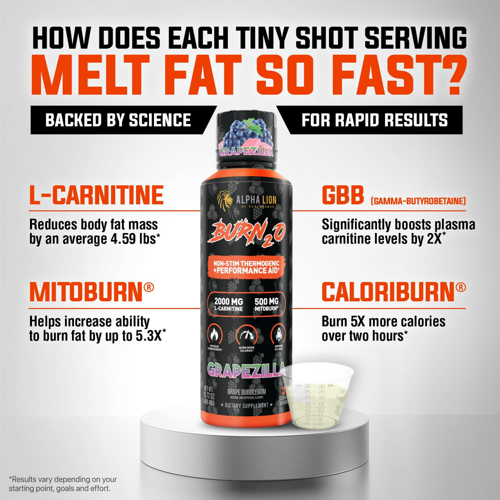 Front label of ALPHA LION Burn2O highlighting metabolism support features.