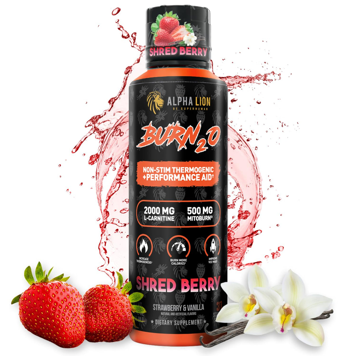 ALPHA LION Burn2O liquid bottle ready for on-the-go fat burning support.