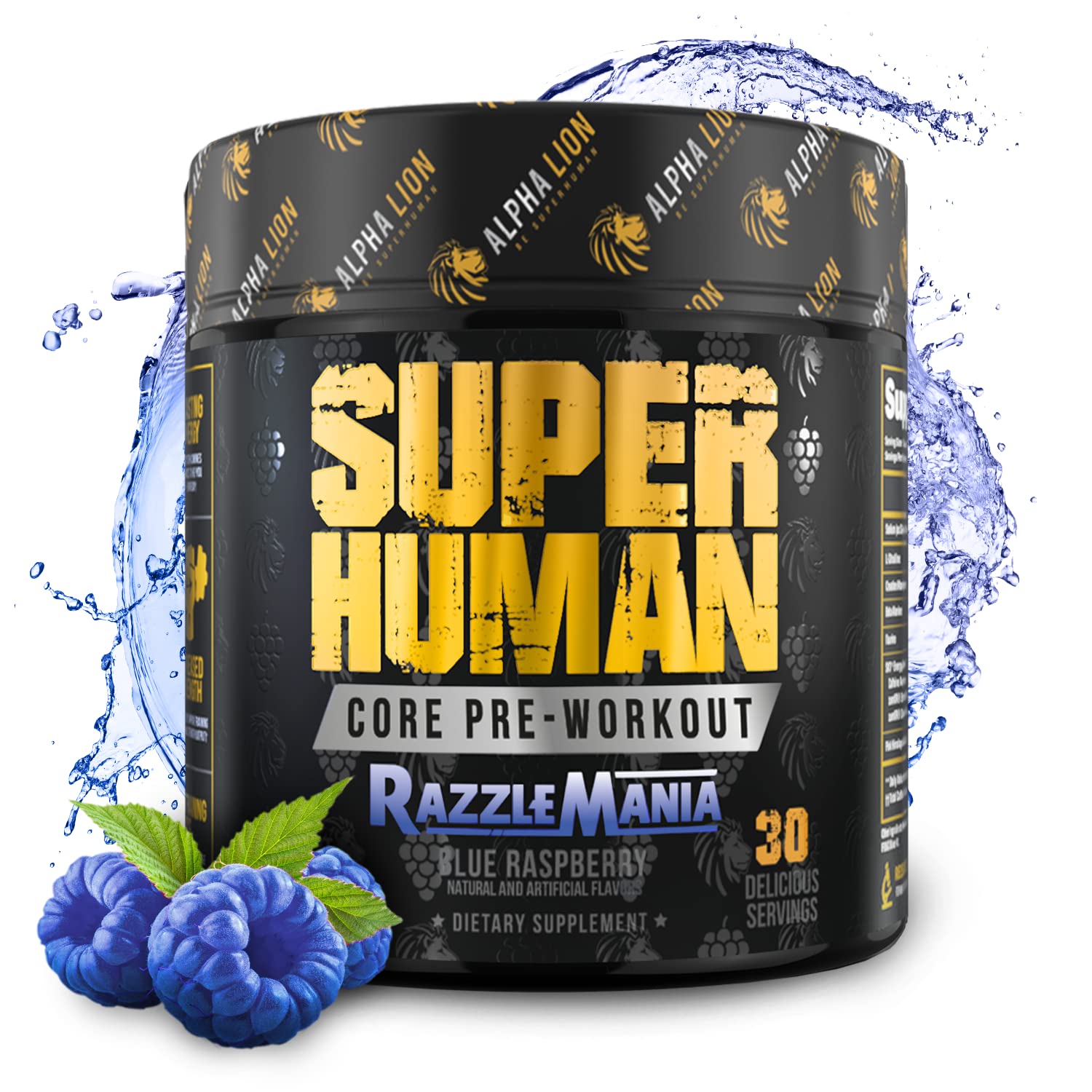 ALPHA LION Core Pre-Workout canister with blue raspberry flavor boosting energy and focus.