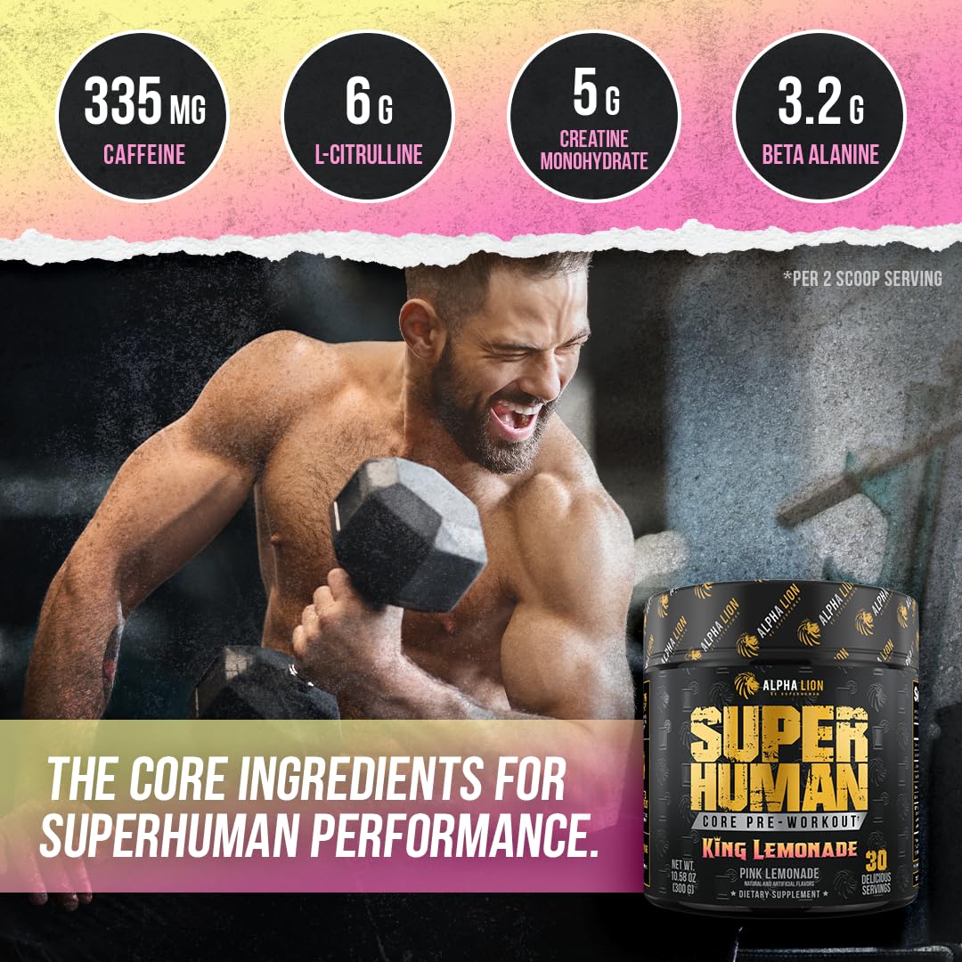 ALPHA LION Core Pre-Workout glass with King Lemonade flavor.