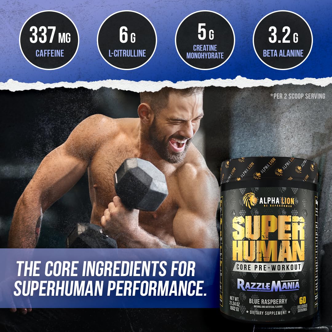 Close-up label of ALPHA LION Core Pre-Workout with ingredient highlights