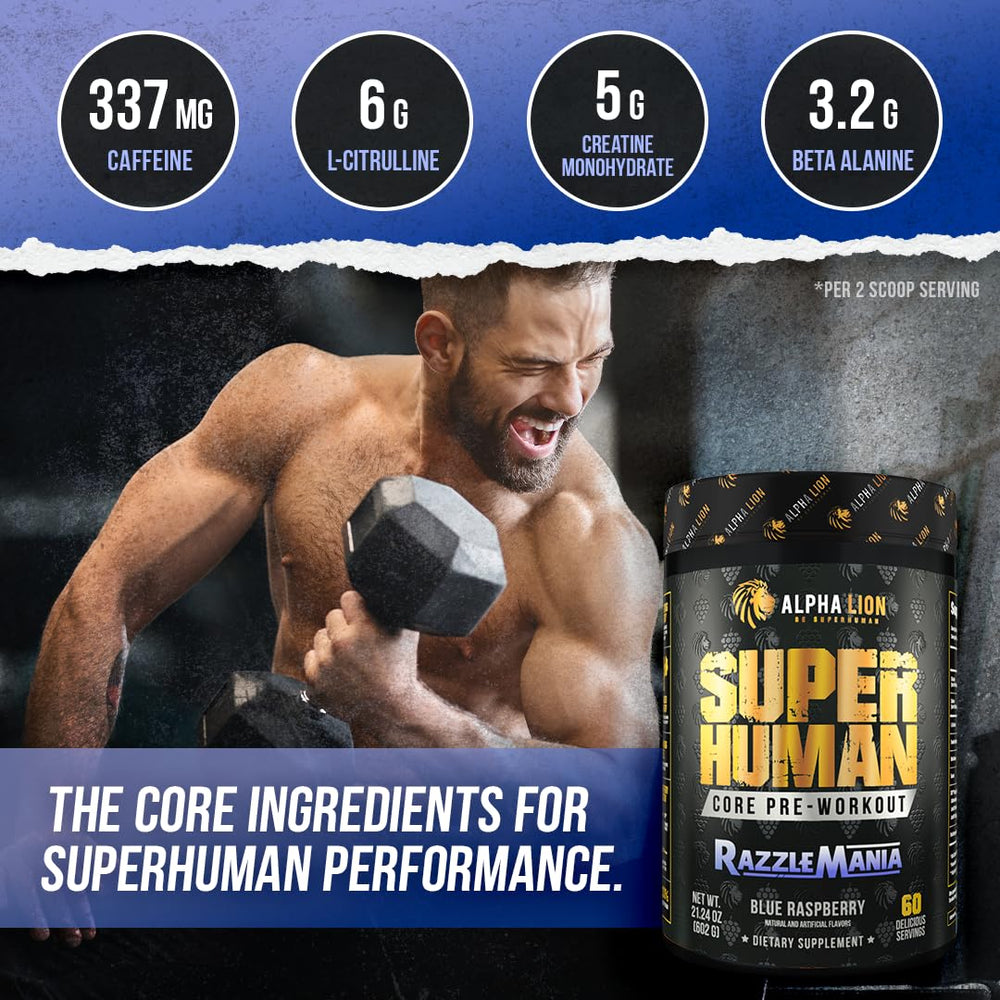 Close-up label of ALPHA LION Core Pre-Workout with ingredient highlights