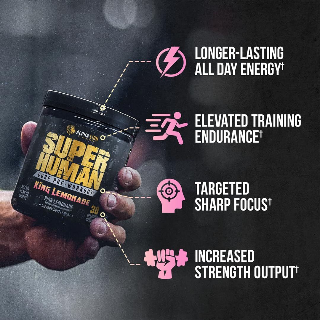 ALPHA LION Core Pre-Workout label closeup shows ingredient focus.