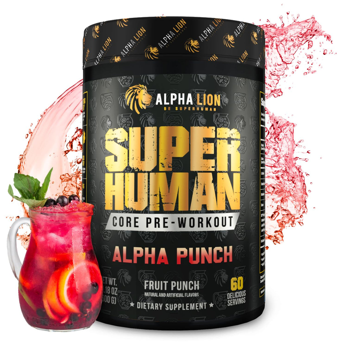 ALPHA LION Core Pre-Workout jar label highlights energy and focus benefits
