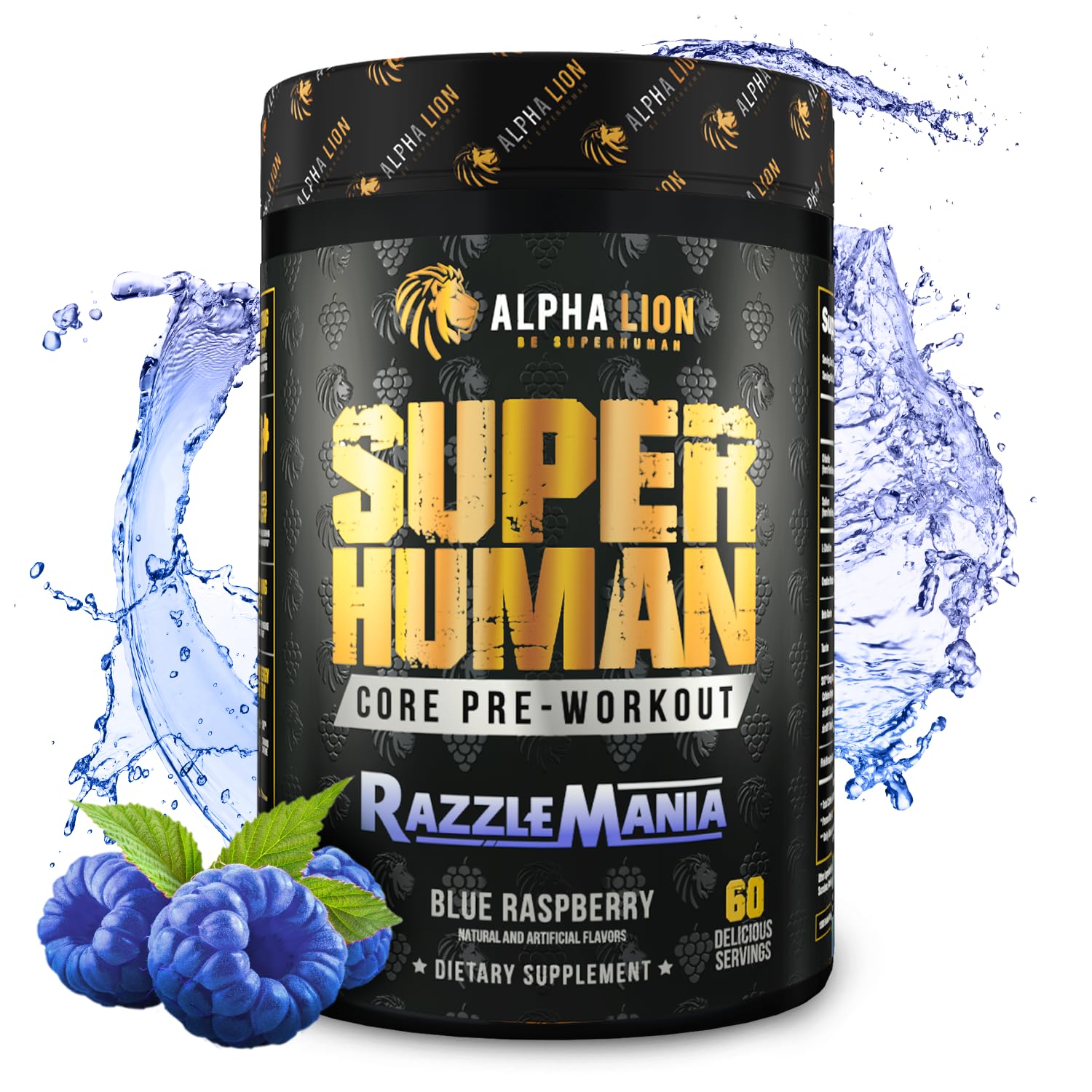ALPHA LION Core Pre-Workout bottle pouring with Razzle Mania flavor for sustained energy