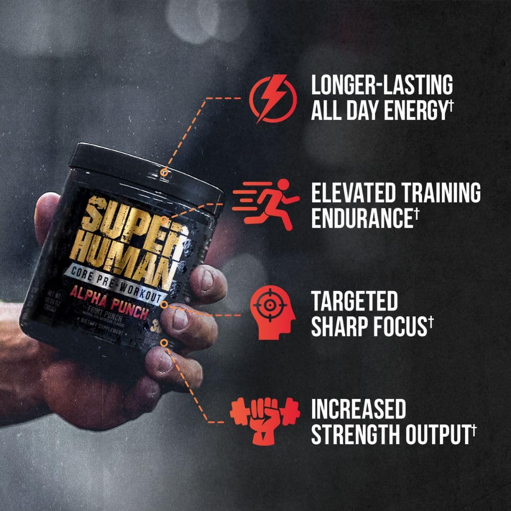 ALPHA LION Core Pre-Workout tub back label highlights creatine and beta‑alanine for strength.