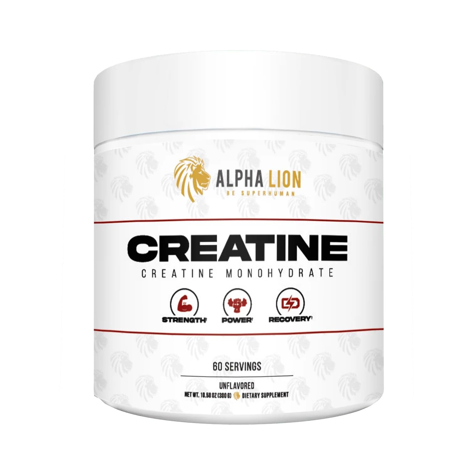 ALPHA LION Creatine Monohydrate Powder bottle highlighting strength training potential.