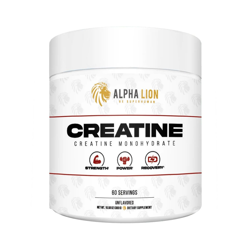 ALPHA LION Creatine Monohydrate Powder bottle highlighting strength training potential.