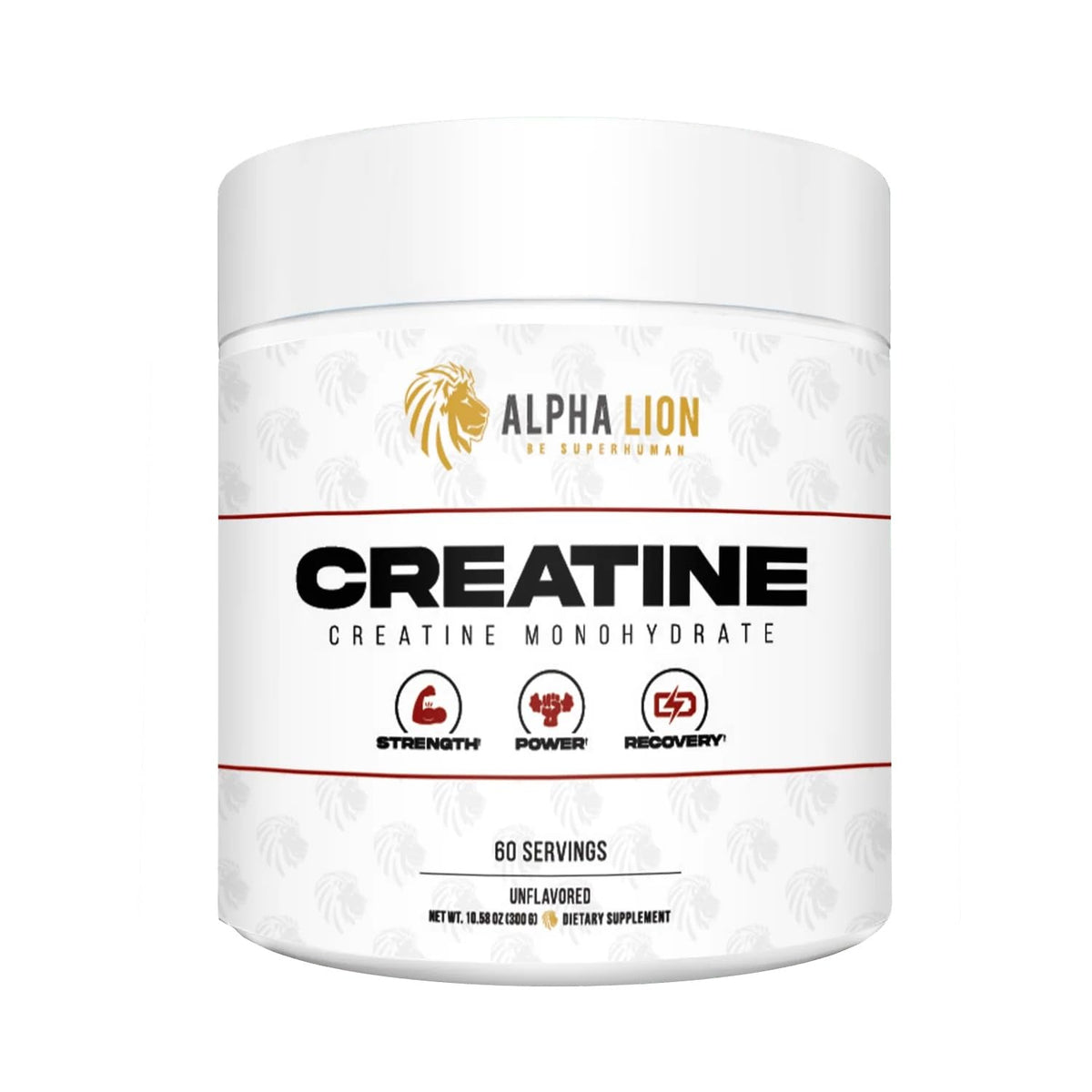 ALPHA LION Creatine Monohydrate Powder bottle highlighting strength training potential.