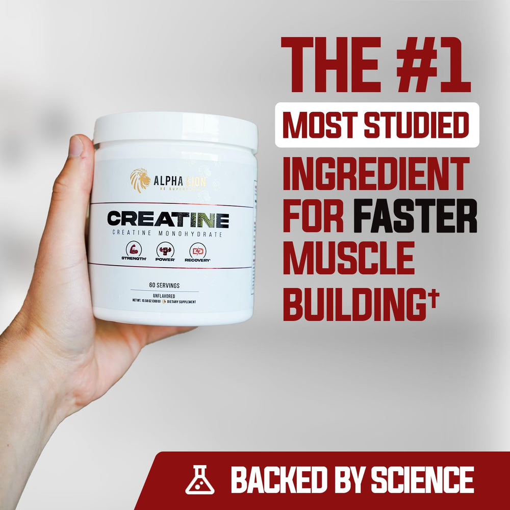 ALPHA LION Creatine Monohydrate Powder scoop showing 5 g serving.