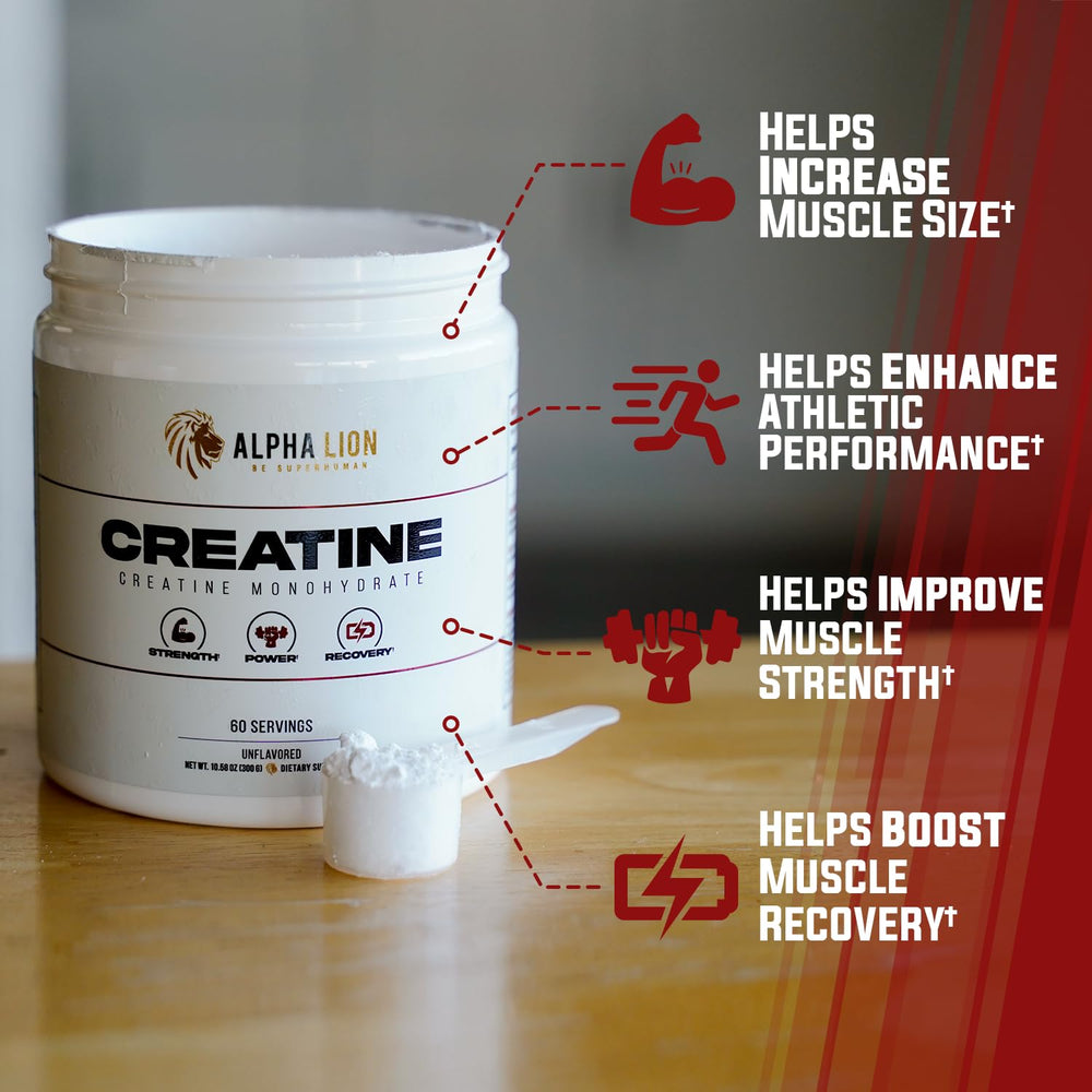 ALPHA LION Creatine Monohydrate Powder unflavored and easy to mix.