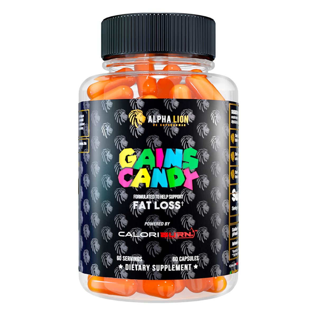ALPHA LION Gains Candy CaloriBurn bottle front for natural fat-burning support.
