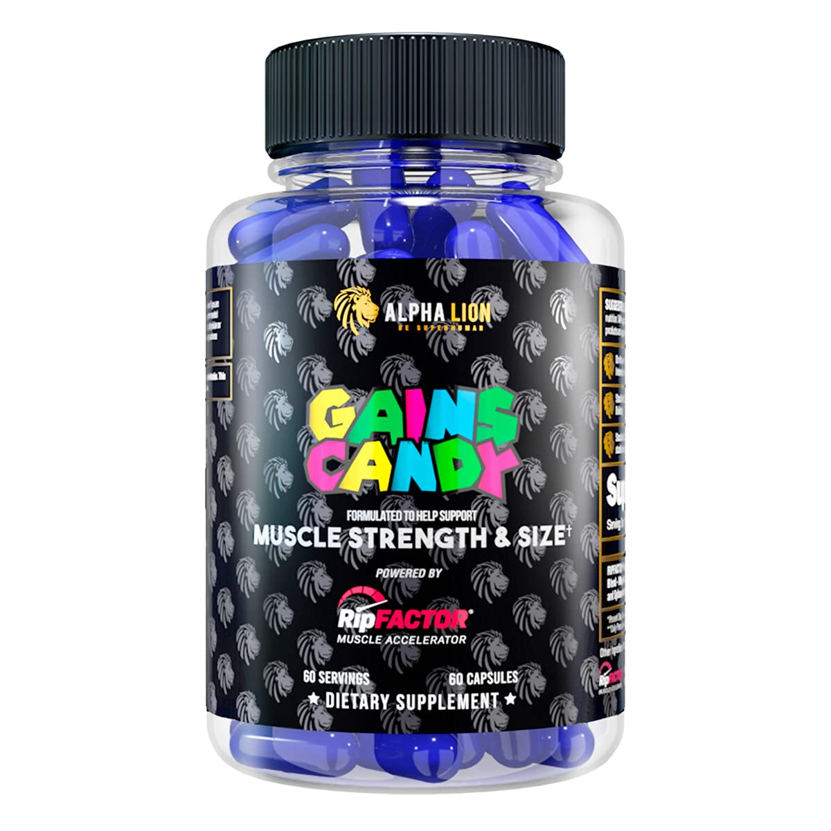 Alpha Lion Gains Candy capsules bottle for convenient daily muscle support during workouts.