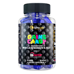 Alpha Lion Gains Candy capsules bottle for convenient daily muscle support during workouts.