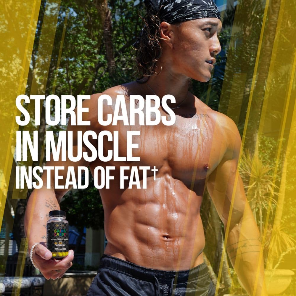 Gains Candy label view featuring DHB GlucoVantage for carb management
