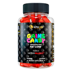 ALPHA LION Gains Candy MitoBurn bottle front view supports energy and fat loss potential.