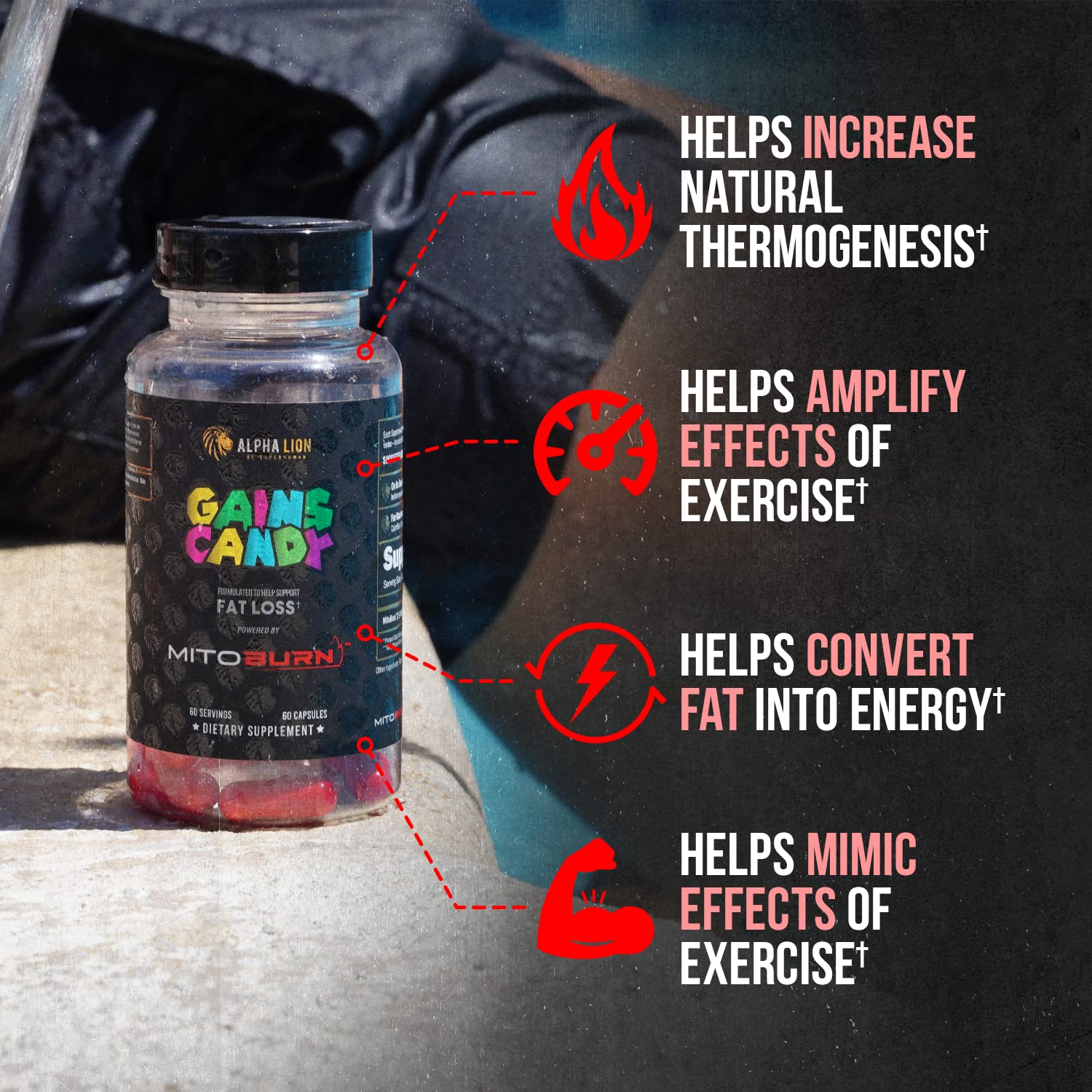 ALPHA LION Gains Candy MitoBurn label close-up highlights scientific dose and key ingredients.