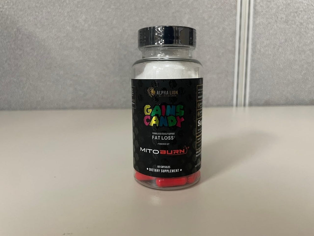 ALPHA LION Gains Candy MitoBurn blister pack sample display demonstrates quick daily usage.
