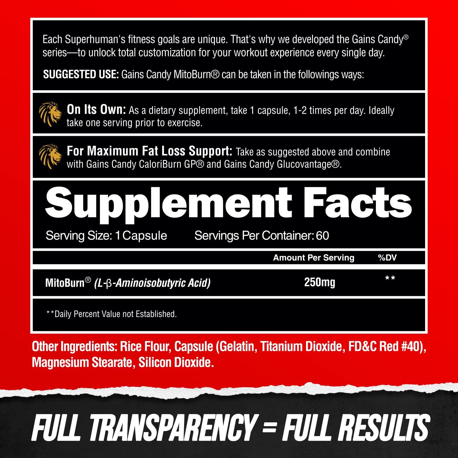 ALPHA LION Gains Candy MitoBurn packaging on shelf emphasizes premium, science-backed formula.